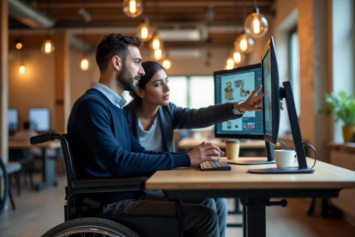 Professionnel en fauteuil roulant et collègue collaborant sur un projet dans un espace de co-working accessible et inclusif