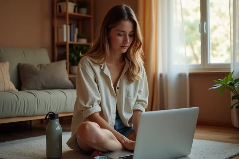 Jeune femme achetant ses billets pour le festival des Vieilles Charrues en ligne sur un ordinateur portable