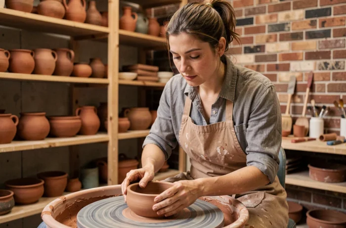 Femme pratiquant la poterie dans un atelier artisanal urbain, les mains dans l'argile sur un tour de potier