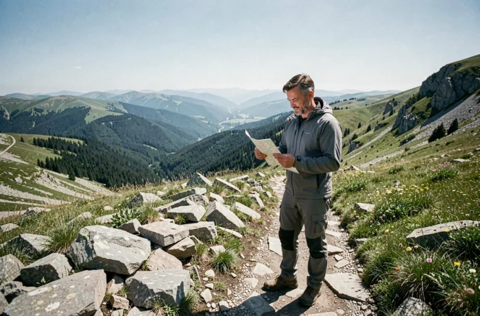 Homme en randonnée en montagne consultant une carte sur un sentier rocheux avec un panorama naturel en arrière-plan