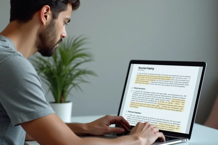 Un homme adaptant son CV aux filtres ATS en ajoutant des mots-clés ciblés avec une checklist imprimée à côté du clavier