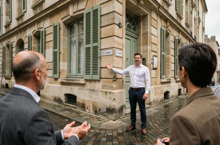 Agente imobiliário apresentando um apartamento locativo em pedra em Lyon com placa À Louer na fachada antiga
