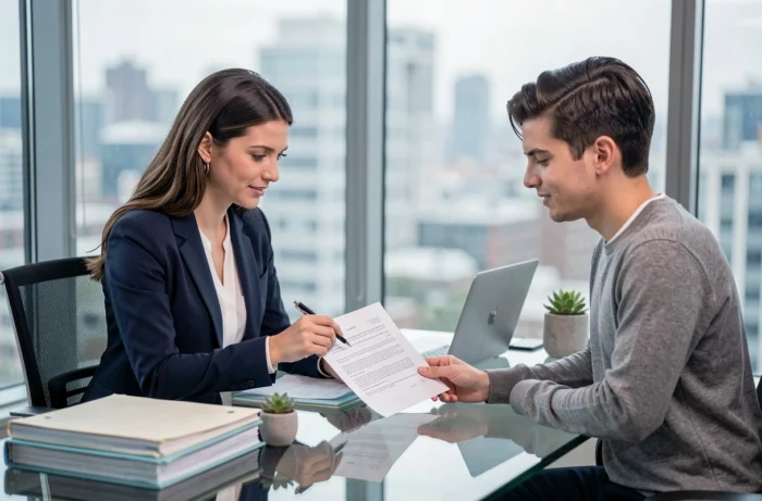 Agent immobilière expliquant un contrat à un acheteur dans un bureau moderne avec vue sur la ville