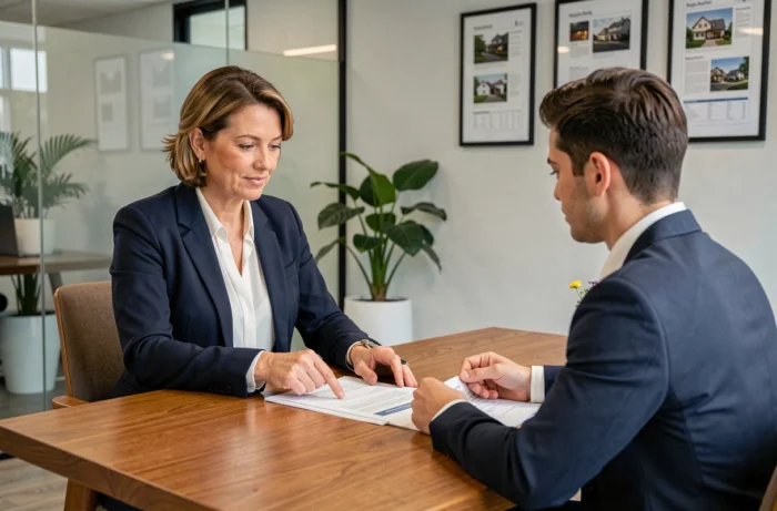 Agent immobilière en blazer marine présentant des documents de prêt immobilier à un client dans une agence contemporaine