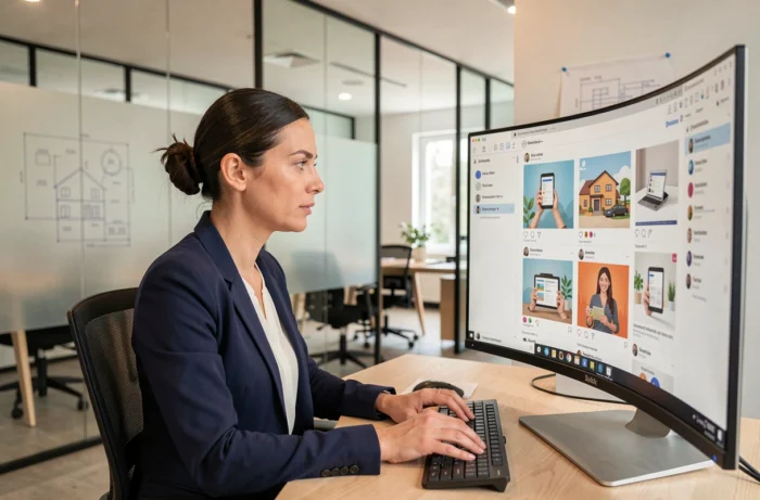 Agente immobilière analysant des animations motion design sur un écran dans une agence moderne