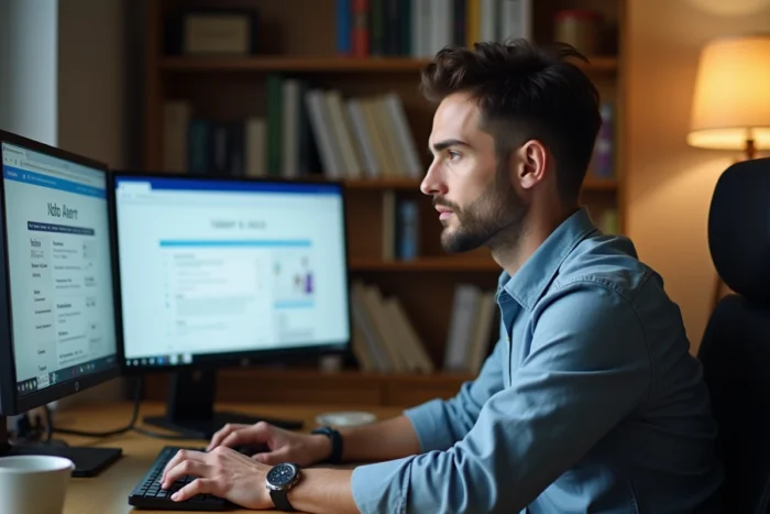 Un homme paramétrant des alertes emploi simultanées sur plusieurs jobboards ouverts dans des onglets de navigateur