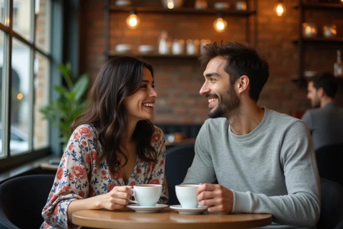Alicia Dauby et Olivier Bossard complices autour d'un café dans un bistrot parisien chaleureux