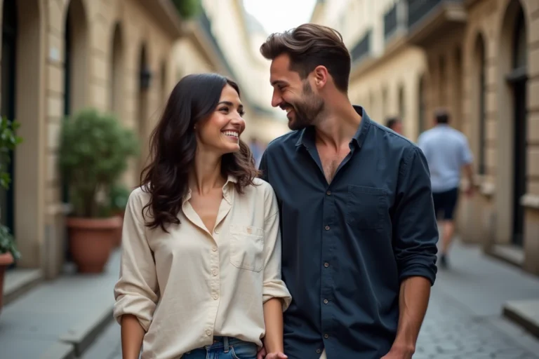 Alicia Dauby et Olivier Bossard se promenant main dans la main dans une rue pavée de Paris, souriant complices