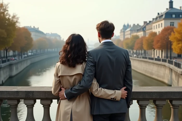 Alicia Dauby et Olivier Bossard enlacés sur un pont parisien avec vue sur la Seine en automne