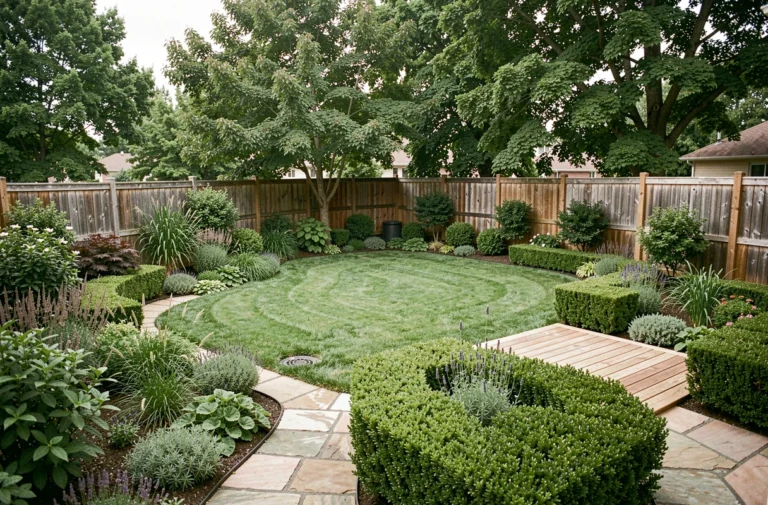 Vue d'ensemble d'un jardin résidentiel aménagé harmonieusement autour d'une fosse septique, avec couvre-sols, haies basses et terrasse en bois intégrée au paysage