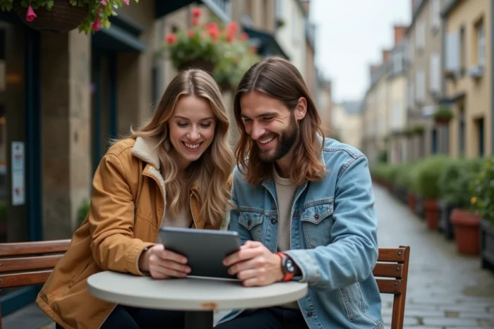 Deux amis consultant une billetterie en ligne sur tablette en terrasse pour acheter des billets festival Vieilles Charrues 2026