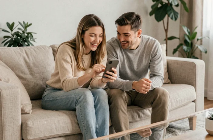 Deux amis consultant ensemble des astuces pour utiliser Meetic gratuitement sur smartphone