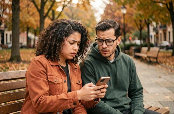 Deux amis consultant ensemble un groupe WhatsApp supprimé dans un parc urbain