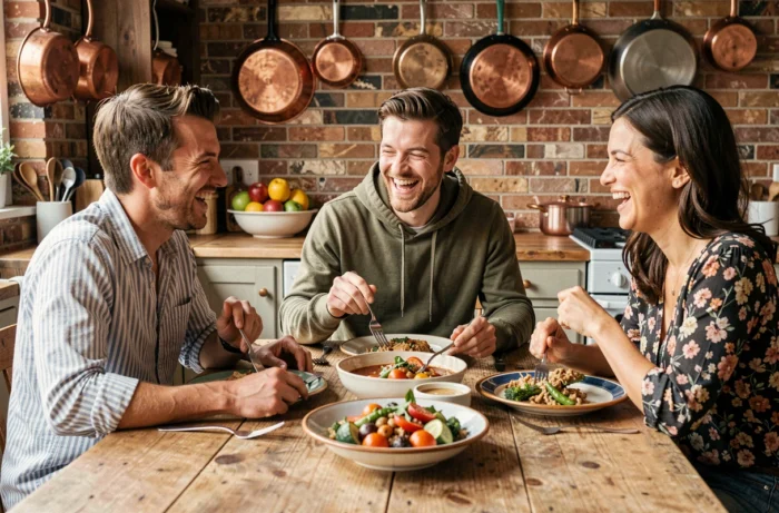 Three friends laughing together around a homemade meal in a warm kitchen, evoking shared happiness and social flourishing