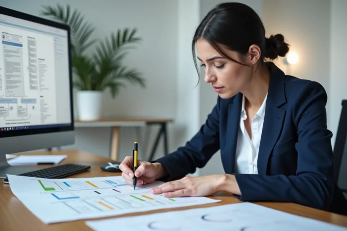 Femme professionnelle analysant un plan de sitemap imprimé sur un bureau en bois dans un bureau moderne