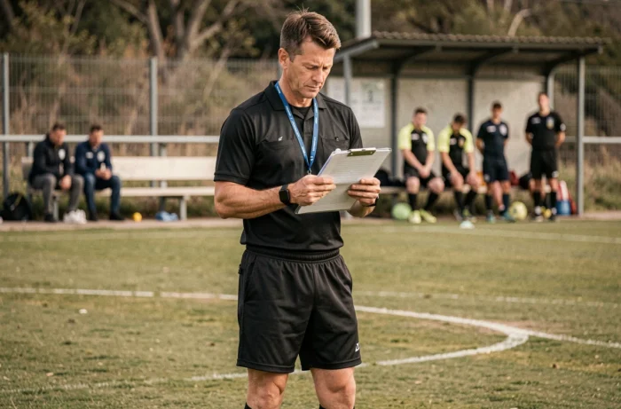 Arbitre consultant la feuille de match avant un match de Fédérale 3 sur un terrain régional