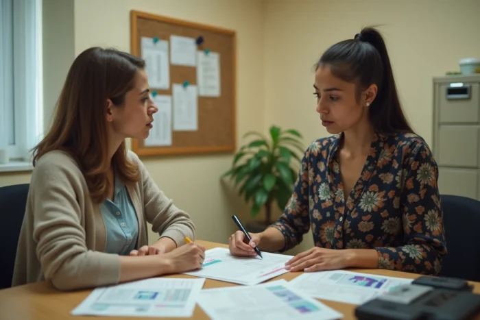 Assistante sociale et mère de famille consultant des documents budgétaires dans un bureau d'aide sociale, en lien avec la suppression de l'allocation de soutien familial par la CAF
