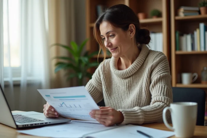 Une femme autonome gérant ses finances personnelles à son bureau à domicile, symbole de liberté financière