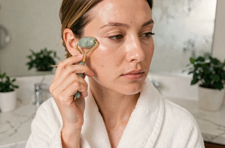 Femme aux 30 ans appliquant un rouleau de jade sur sa peau naturelle dans une salle de bain marbre minimaliste