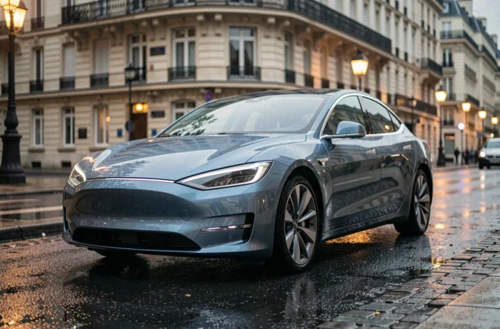Berline électrique 2024 garée sur un boulevard parisien sous la pluie, reflets sur la carrosserie aérodynamique