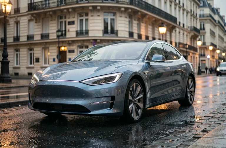 Berline électrique 2024 garée sur un boulevard parisien sous la pluie, reflets sur la carrosserie aérodynamique