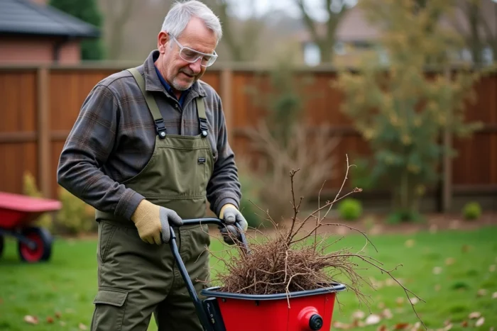 Homme utilisant un broyeur de végétaux électrique Mantis 3000W dans un jardin en automne