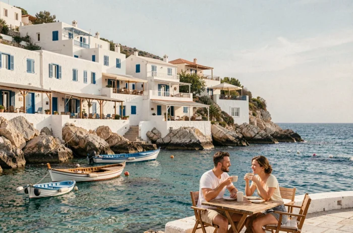 View of the village of Cadaqués with its white houses and blue shutters, seaside restaurants, and boats in the peaceful bay