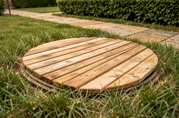 Caillebotis amovibles en bois posés sur les regards de visite d'une fosse septique dans une pelouse de jardin résidentiel
