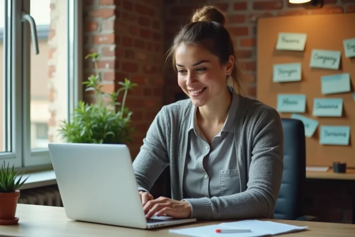 Une femme rédigeant des candidatures spontanées ciblées avec un tableau de noms d'entreprises affiché en arrière-plan