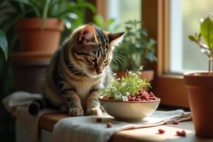 Chat tabby reniflant un bol de plantes naturelles comme la cataire et la camomille posé sur un rebord de fenêtre en bois dans un intérieur végétal