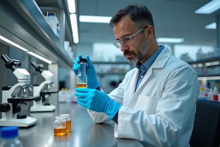 Chercheur en laboratoire analysant un échantillon de venin de frelon géant dans un flacon en verre, environnement scientifique moderne