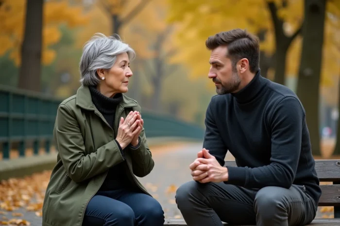Séance de clôture de coaching en extérieur dans un parc en automne, coach et client en moment de réflexion finale