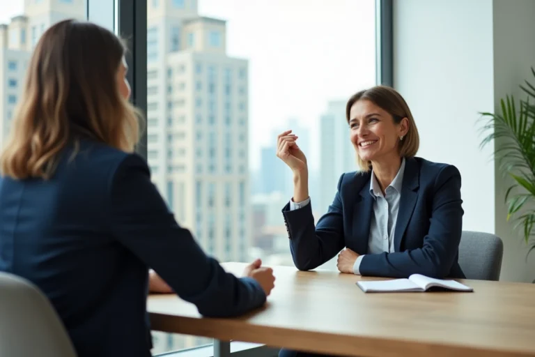 Coach professionnelle et client en séance de clôture de coaching dans un bureau moderne avec vue sur la ville