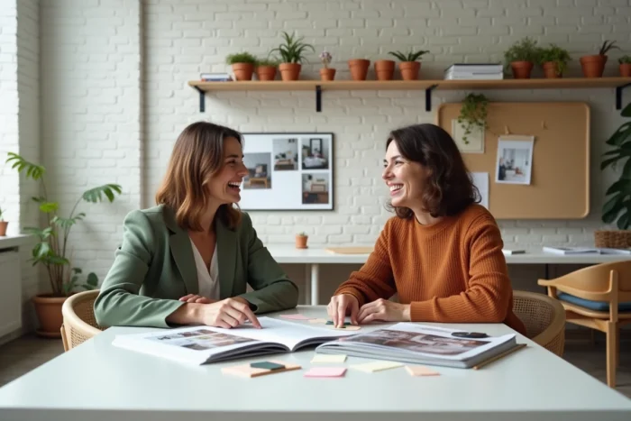 Deux femmes collaborant sur un projet de décoration immobilière avec des échantillons de matériaux dans un studio créatif