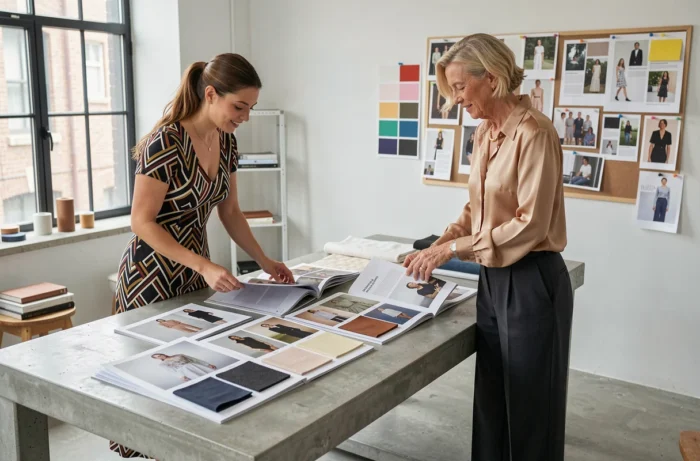 Deux femmes collaborant sur des tendances mode avec des planches d'inspiration dans un studio créatif moderne