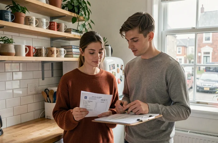 Deux colocataires étudiants comparant les documents pour choisir une assurance habitation MGEN