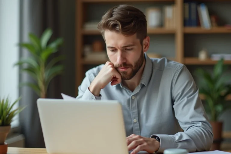 Homme comparant des offres d'assurance auto sur un ordinateur portable dans un bureau à domicile