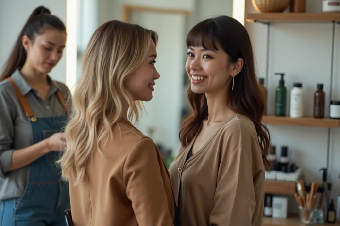 Comparaison coupe cuenta et mulet moderne deux femmes dans un studio de coiffure contemporain