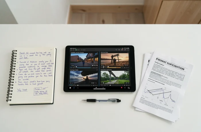 Vue aérienne d'une tablette affichant une comparaison de formats vidéo HDTS entourée de notes techniques manuscrites sur un bureau épuré