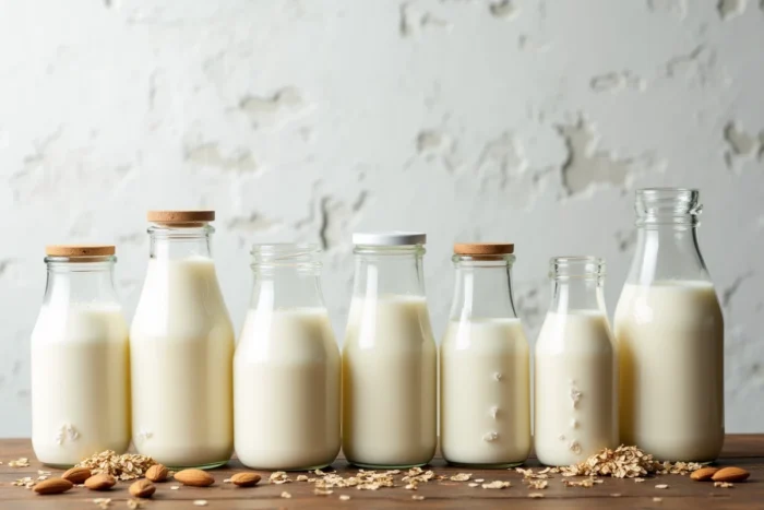 Comparatif de six types de lait différents alignés sur une table en bois avec leur teneur en protéines