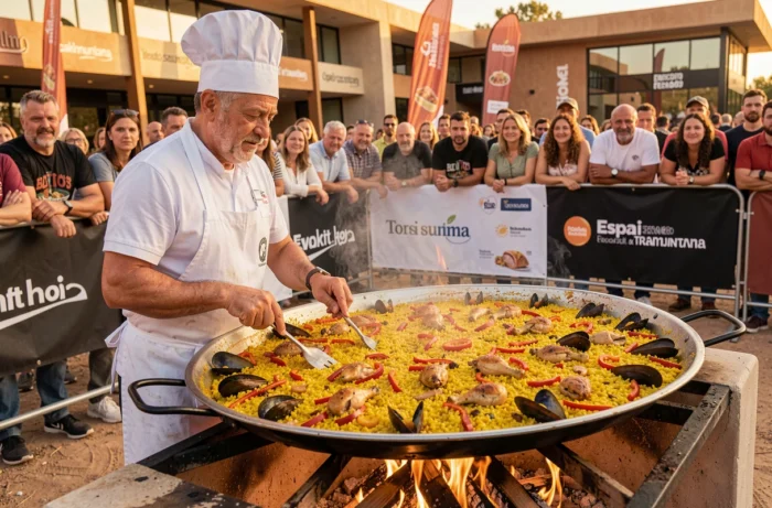 Chef preparing a large paella during the cross-border paella contest at Espai Tramuntana in La Jonquera, in front of an attentive audience