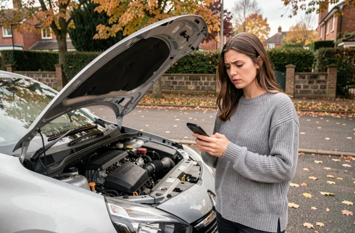 Conductrice inspectant le moteur d'une Renault Clio 3 garée en bord de route après allumage du voyant de refroidissement