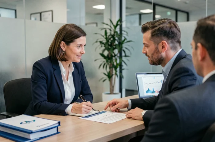 Conseillère bancaire présentant une simulation de crédit immobilier à une cliente dans une agence moderne