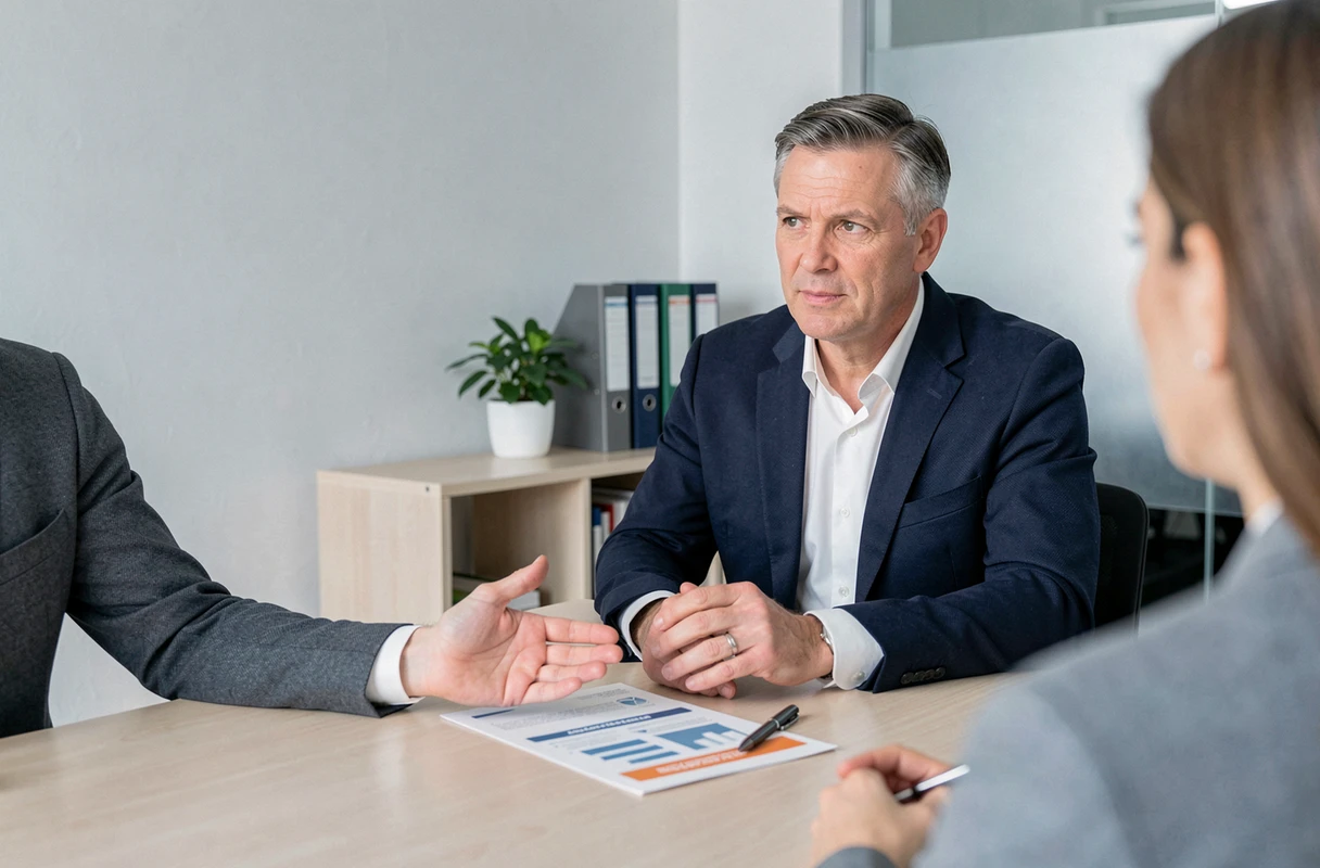 Conseiller financier présentant un plan de retraite à des clients dans un bureau professionnel moderne