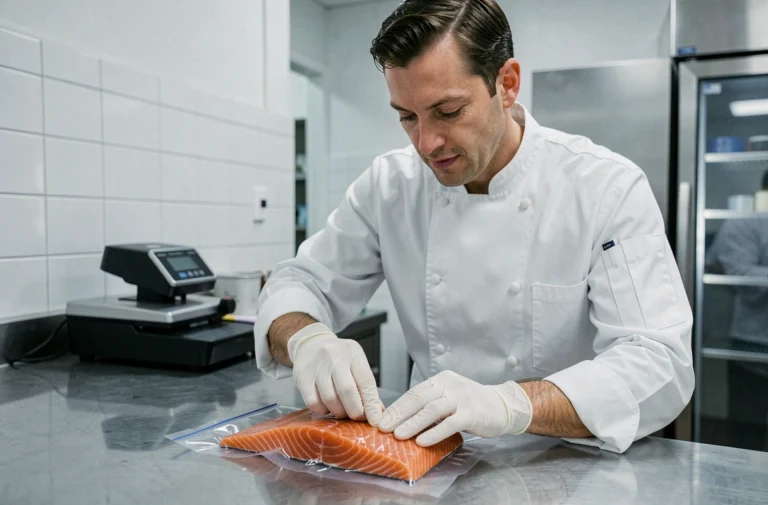 Chef professionnel plaçant un filet de saumon frais dans un sac de conservation sous vide dans une cuisine commerciale moderne