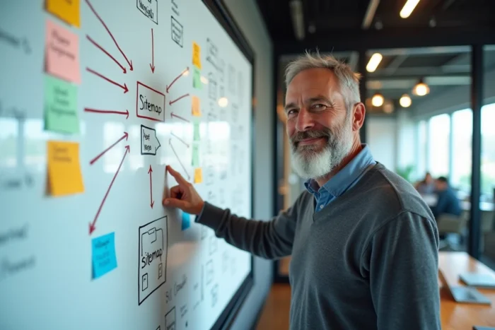 Consultant en référencement expliquant la structure de navigation d'un site web sur un tableau blanc en salle de réunion