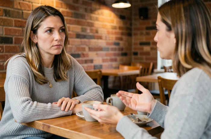 Deux femmes dans un café lors d'une conversation tendue, illustrant la vigilance face à une amie hypocrite