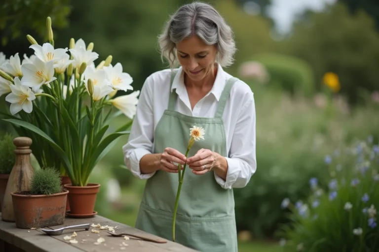 Femme qui coupe le pistil d'un lys blanc avec ses doigts au-dessus d'un établi de jardin en bois