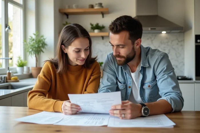 Couple étudiant des devis d'assurance auto à la table de la cuisine