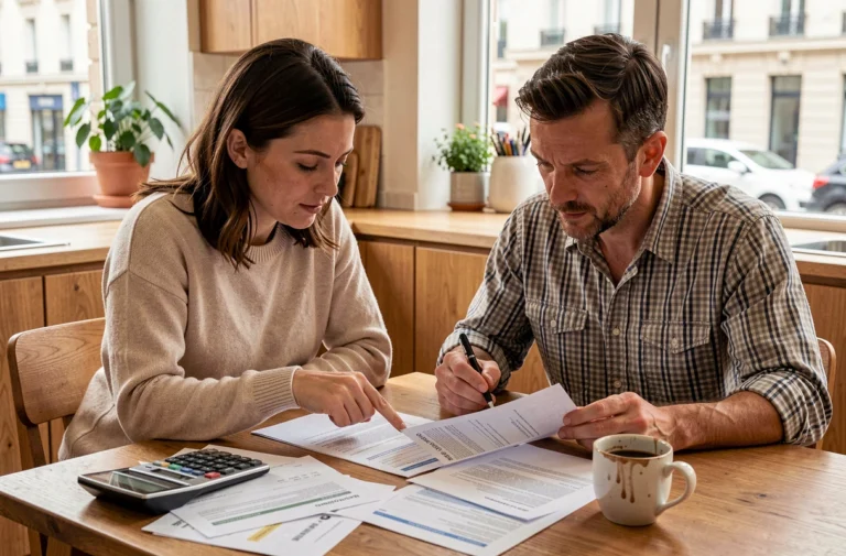 Couple examinant des documents de crédit immobilier à la table de cuisine de leur appartement